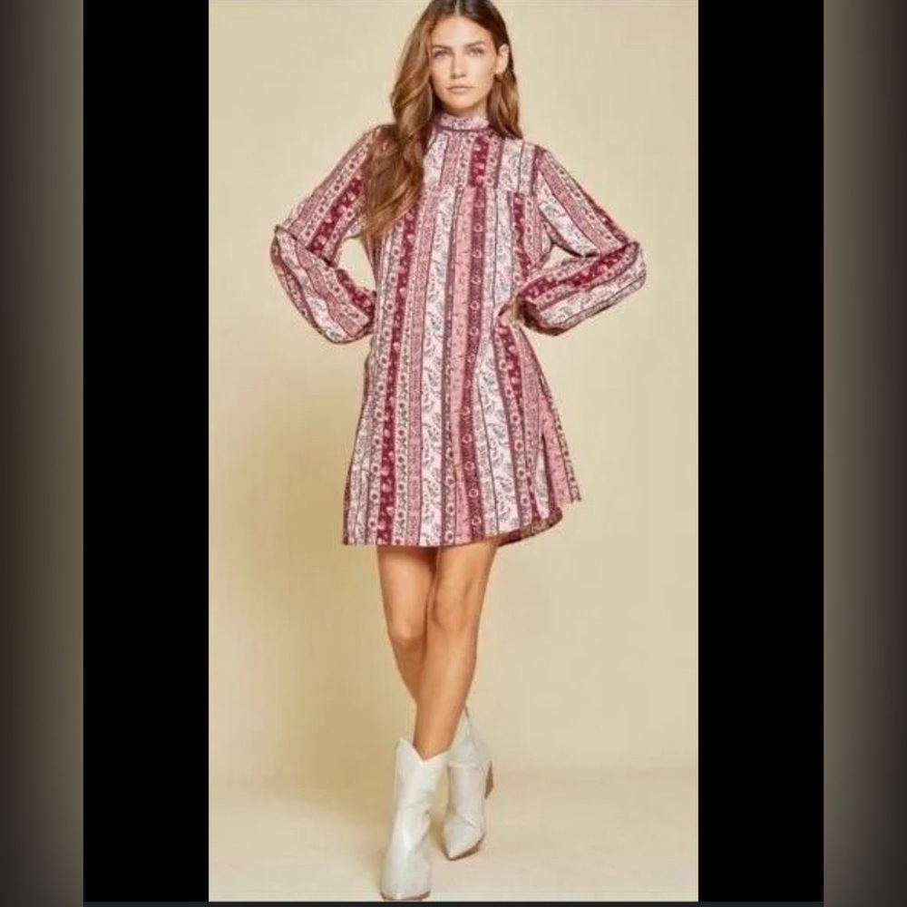 Andree Burghandy BOHO Balloon Sleeve Flowy Dress Women Size Small NWT